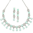 Rhodium-Plated Sea Green American Diamond Studded Intriguing Necklace & Earrings Jewellery Set