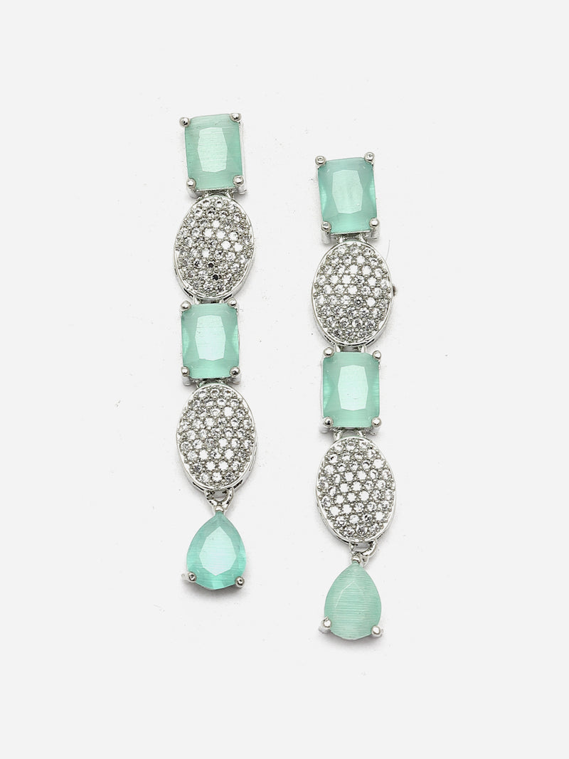 Rhodium-Plated Sea Green American Diamond Studded Intriguing Necklace & Earrings Jewellery Set