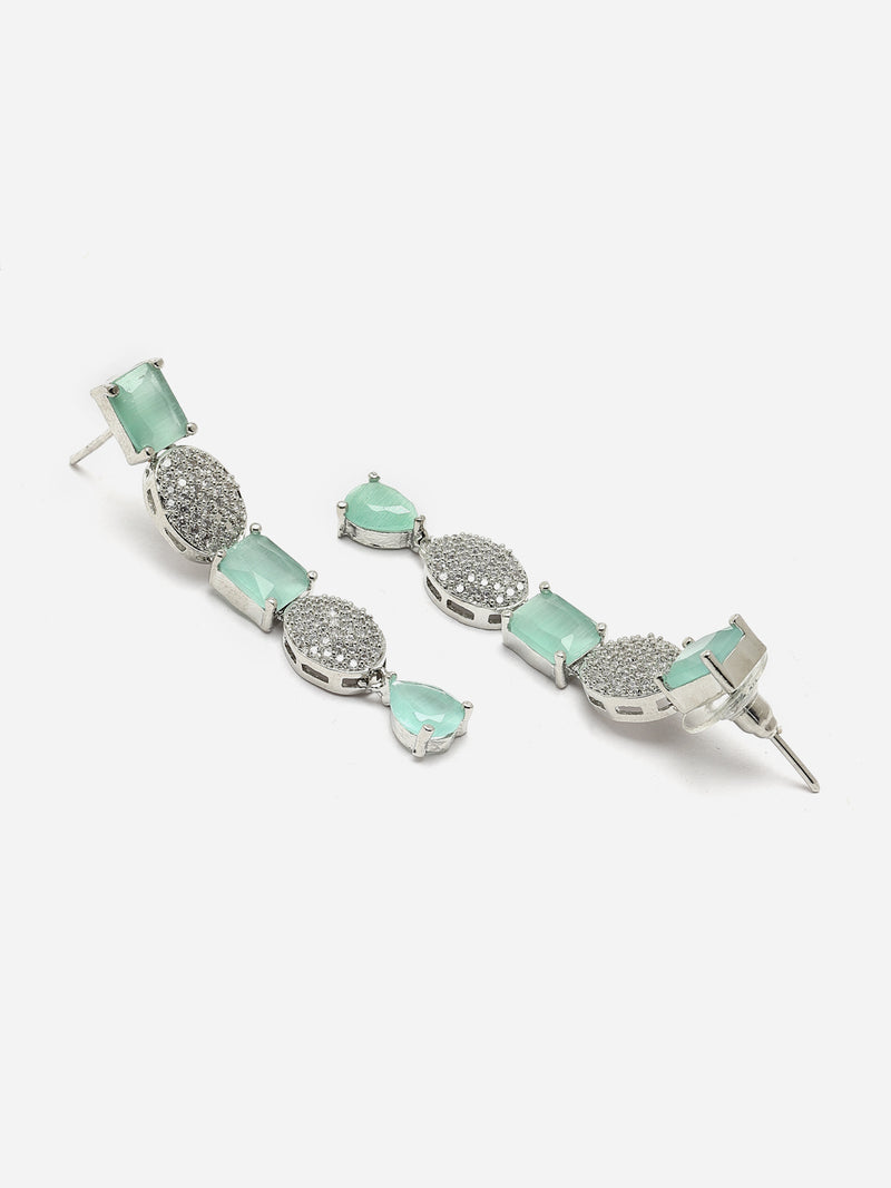 Rhodium-Plated Sea Green American Diamond Studded Intriguing Necklace & Earrings Jewellery Set