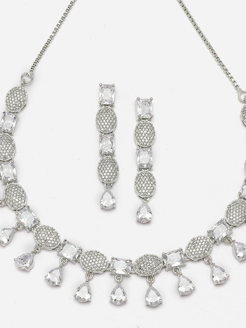 Rhodium-Plated White American Diamond Studded Intriguing Necklace & Earrings Jewellery Set