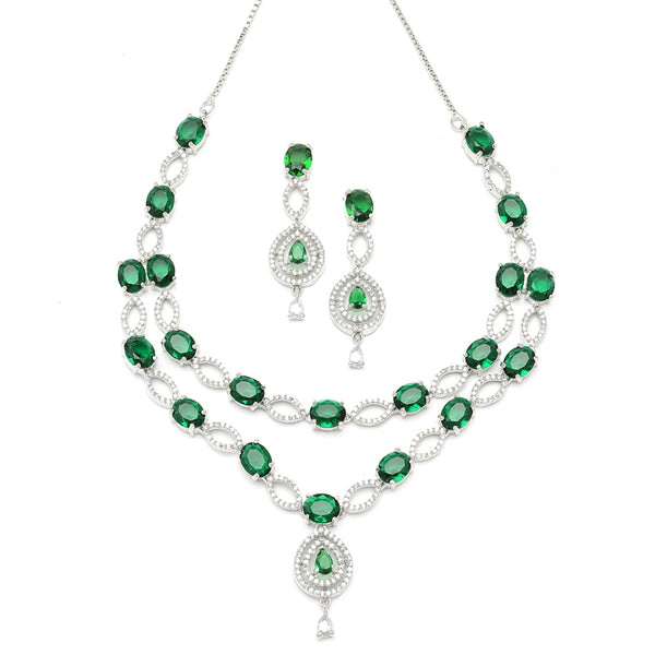 Rhodium-Plated Green American Diamond Studded Abstract Necklace & Earrings Jewellery Set