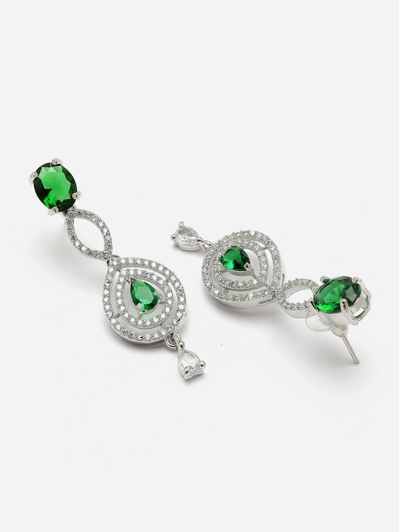 Rhodium-Plated Green American Diamond Studded Abstract Necklace & Earrings Jewellery Set