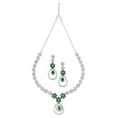 Rhodium-Plated Green American Diamond Studded Teardrop & Floral Shaped Jewellery Set