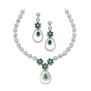 Rhodium-Plated Green American Diamond Studded Teardrop & Floral Shaped Jewellery Set