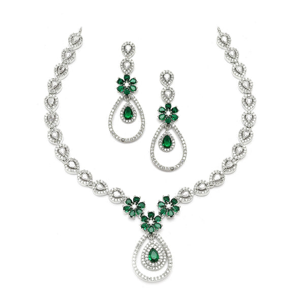 Rhodium-Plated Green American Diamond Studded Teardrop & Floral Shaped Jewellery Set