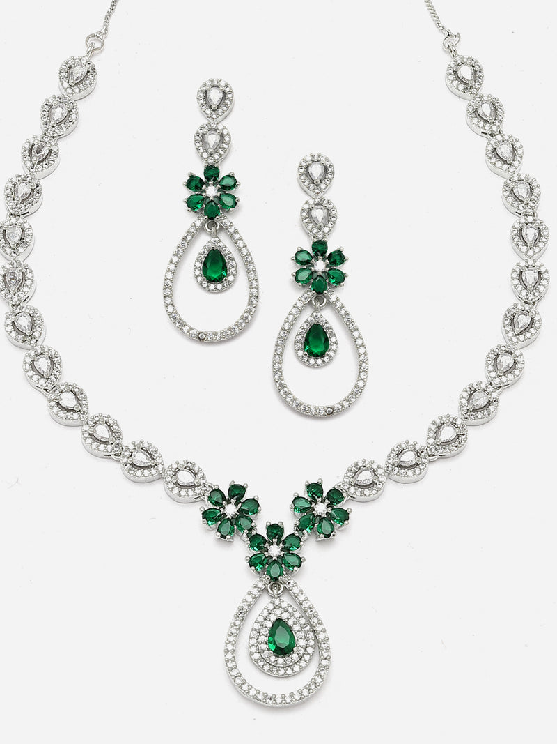 Rhodium-Plated Green American Diamond Studded Teardrop & Floral Shaped Jewellery Set
