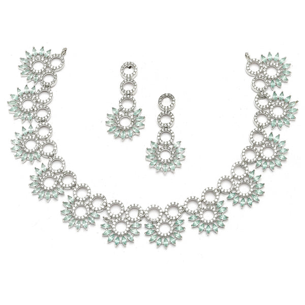 Rhodium-Plated Sea Green American Diamond Studded Classic Necklace with Earrings Jewellery Set
