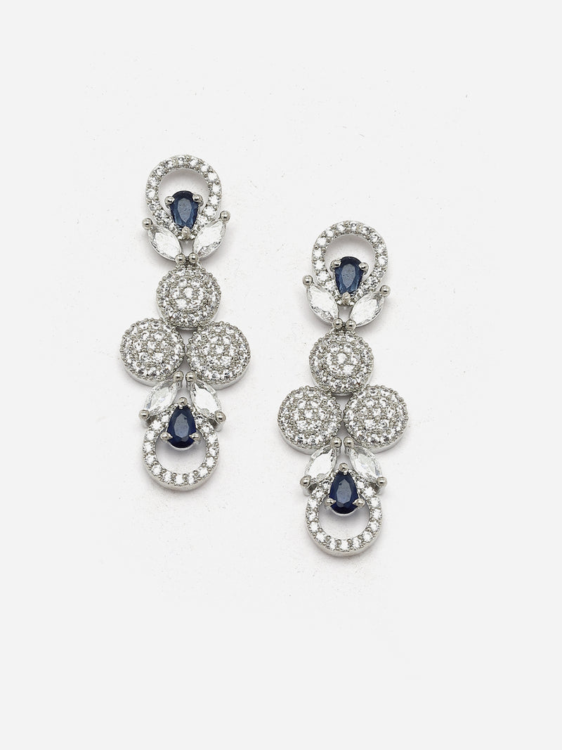 Rhodium-Plated Navy Blue American Diamonds Studded Voguish Necklace & Earrings Jewellery Set