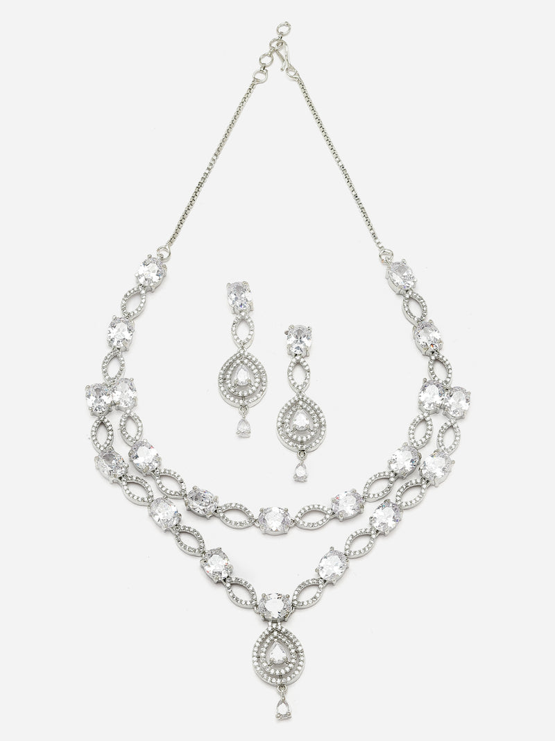 Rhodium-Plated White American Diamond Studded Abstract Necklace & Earrings Jewellery Set