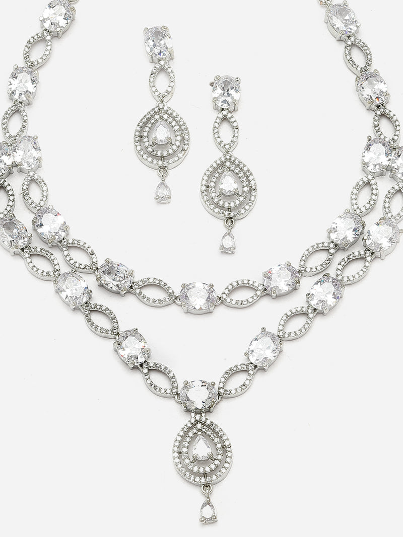 Rhodium-Plated White American Diamond Studded Abstract Necklace & Earrings Jewellery Set