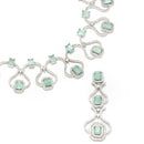 Rhodium-Plated Sea Green American Diamond Studded Outlandish Design Necklace & Earrings Jewellery Set
