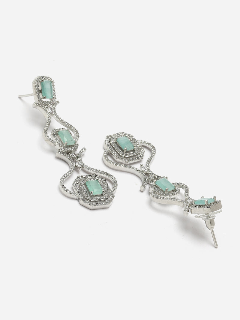 Rhodium-Plated Sea Green American Diamond Studded Outlandish Design Necklace & Earrings Jewellery Set