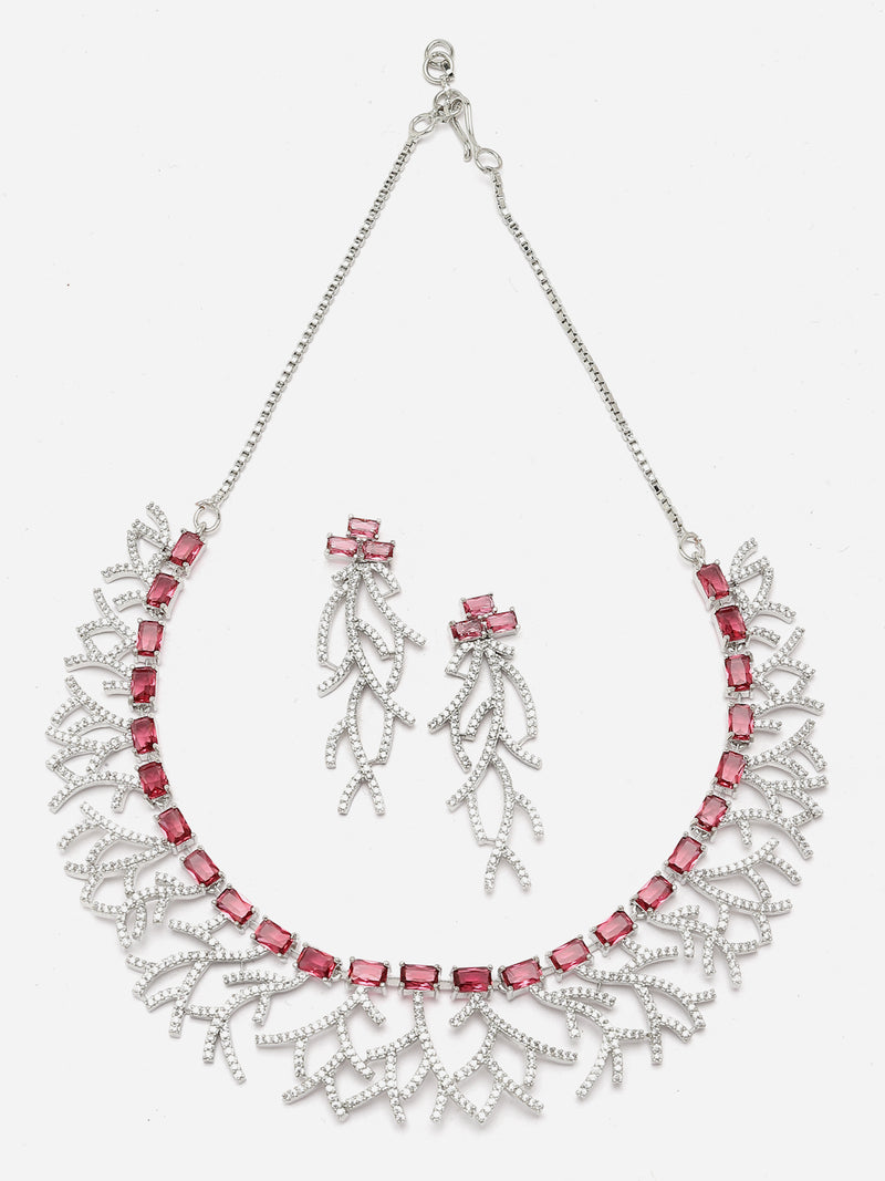 Rhodium-Plated Red American Diamond Studded Eccentric Design Necklace & Earrings Jewellery Set