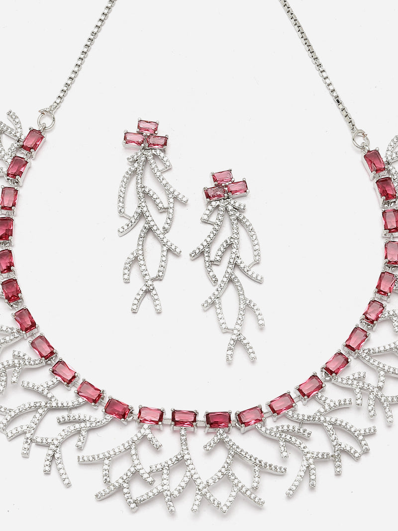 Rhodium-Plated Red American Diamond Studded Eccentric Design Necklace & Earrings Jewellery Set
