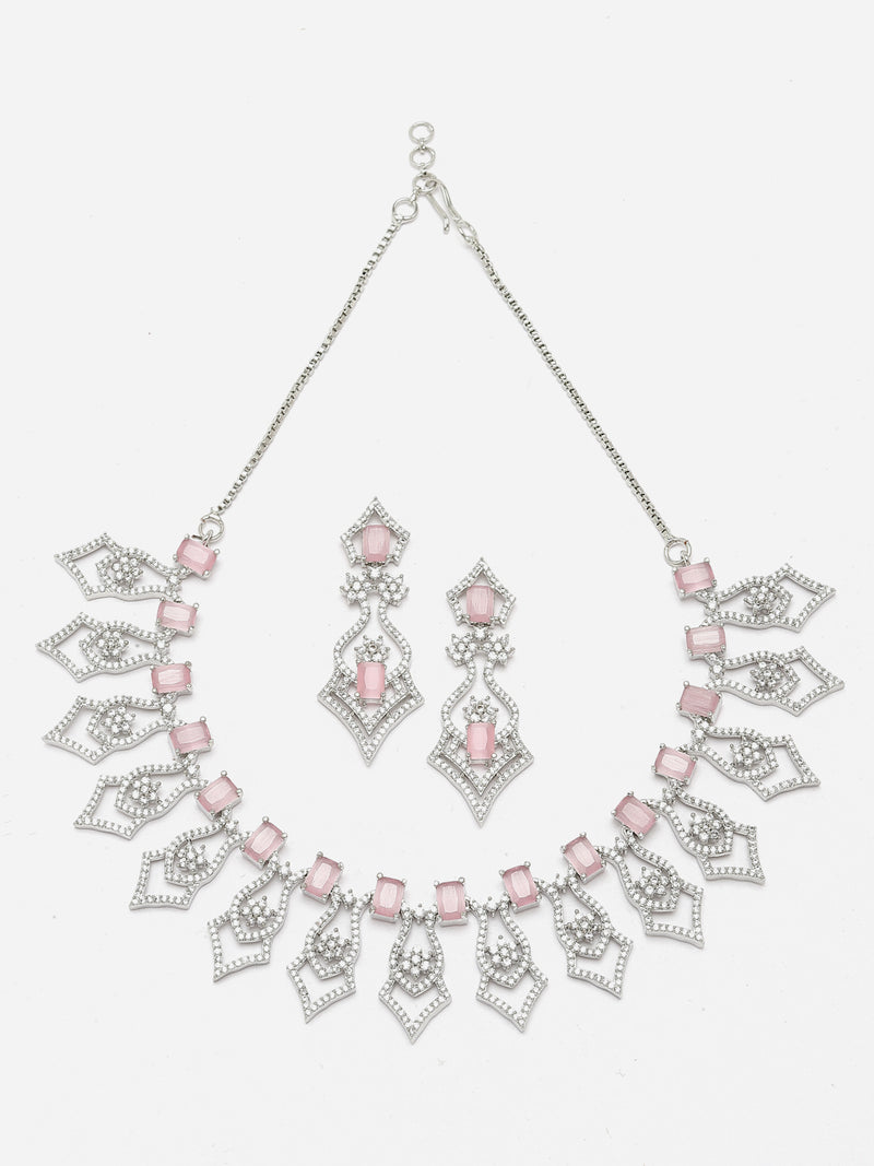 Rhodium-Plated Pink American Diamond Studded Tempted Necklace & Earrings Jewellery Set