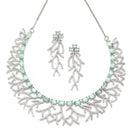 Rhodium-Plated Sea Green American Diamond Studded Eccentric Design Necklace & Earrings Jewellery Set