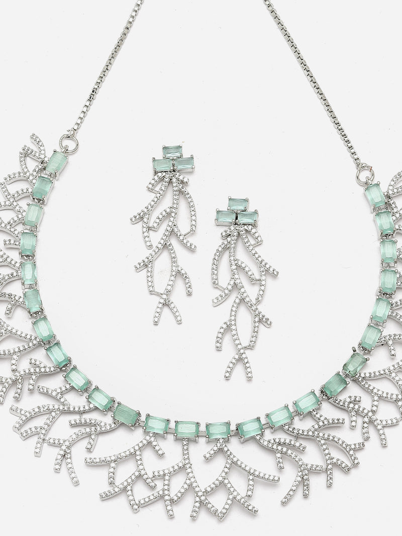 Rhodium-Plated Sea Green American Diamond Studded Eccentric Design Necklace & Earrings Jewellery Set
