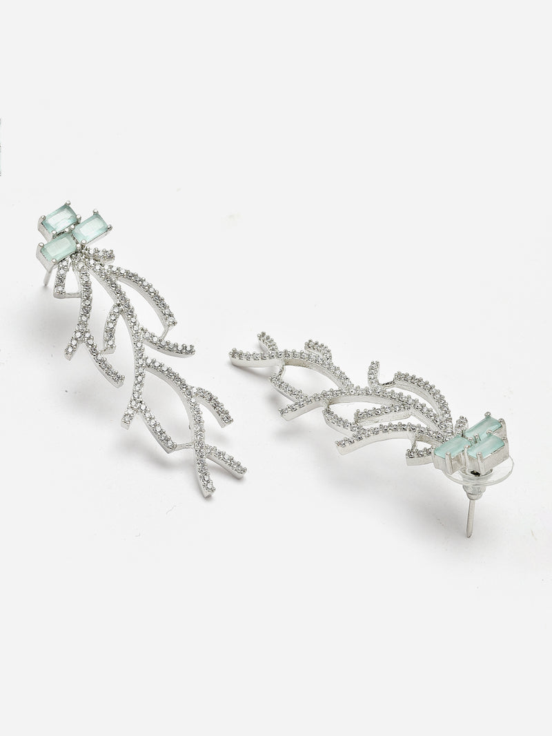 Rhodium-Plated Sea Green American Diamond Studded Eccentric Design Necklace & Earrings Jewellery Set
