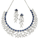 Rhodium-Plated Navy Blue American Diamond Studded Eccentric Design Necklace & Earrings Jewellery Set