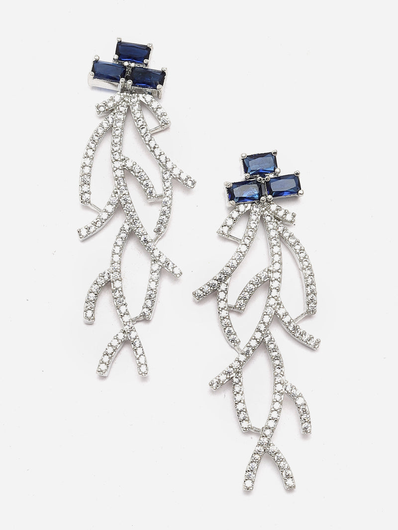 Rhodium-Plated Navy Blue American Diamond Studded Eccentric Design Necklace & Earrings Jewellery Set