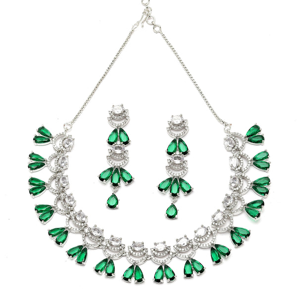 Rhodium-Plated Green American Diamond Studded Teardrop & Crescent Shaped Necklace with Earrings Jewellery Set