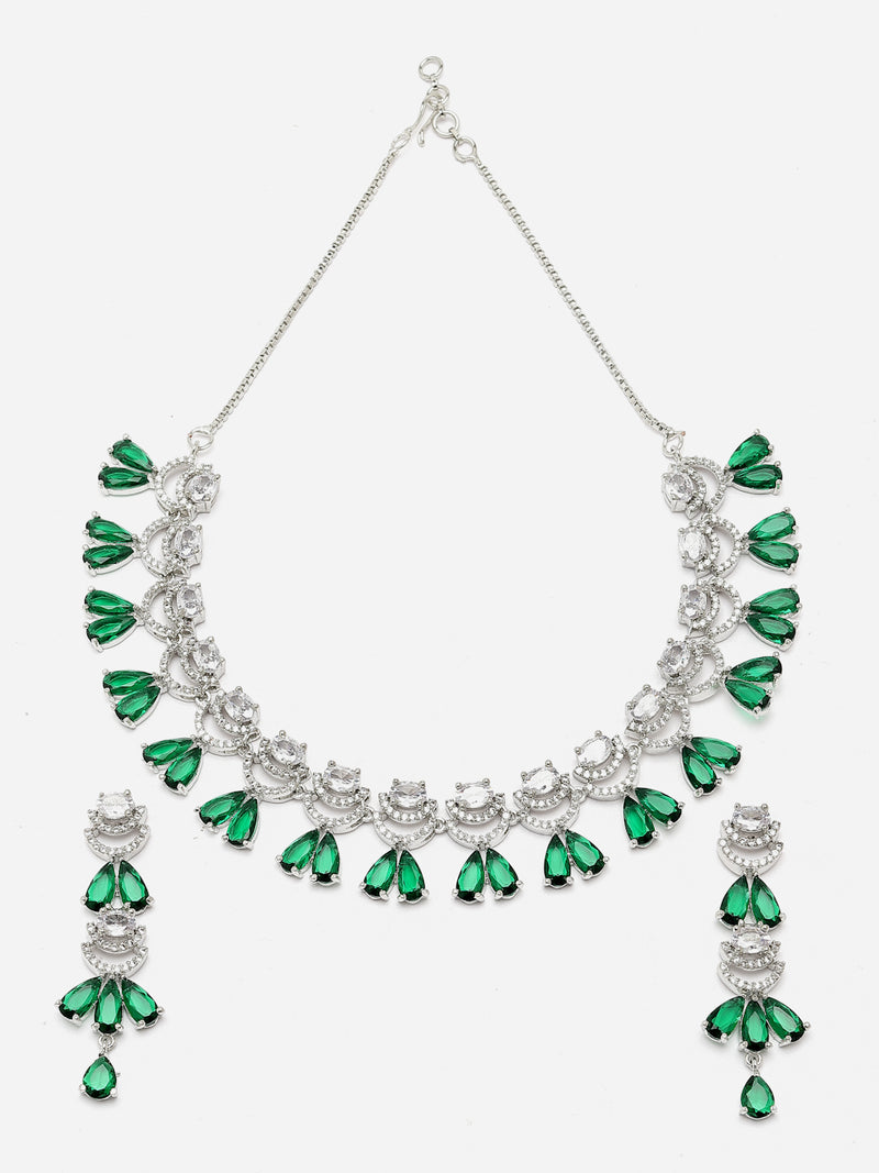 Rhodium-Plated Green American Diamond Studded Teardrop & Crescent Shaped Necklace with Earrings Jewellery Set