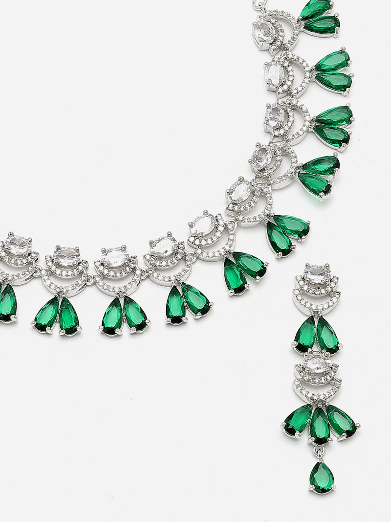 Rhodium-Plated Green American Diamond Studded Teardrop & Crescent Shaped Necklace with Earrings Jewellery Set