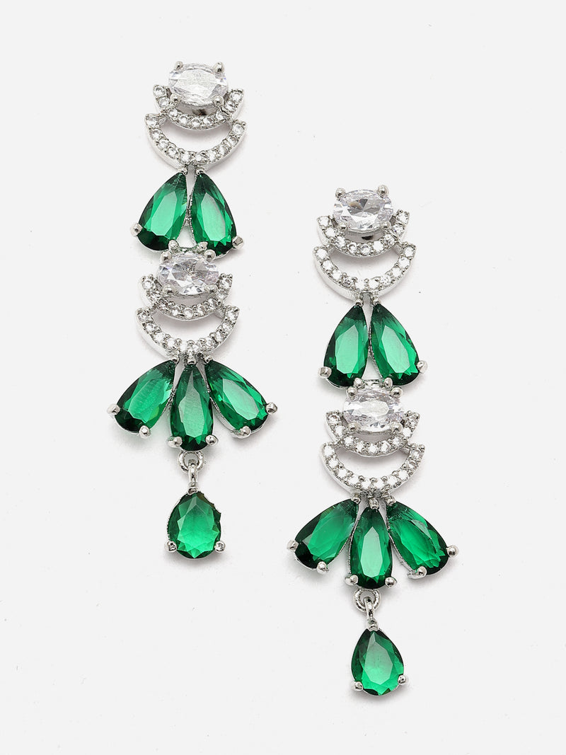 Rhodium-Plated Green American Diamond Studded Teardrop & Crescent Shaped Necklace with Earrings Jewellery Set