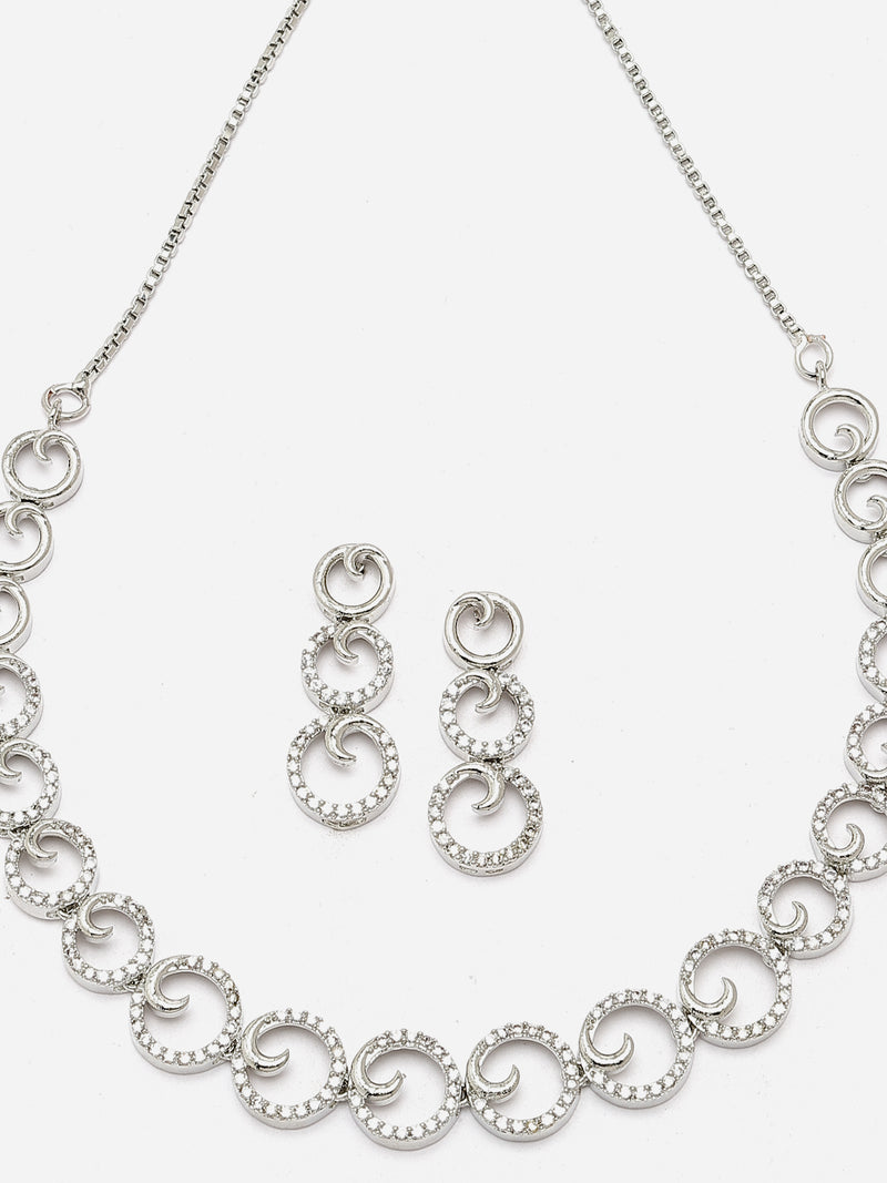 Rhodium-Plated White Oblique Shape American Diamonds Studded Necklace & Earrings Jewellery Set