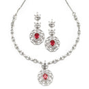 Rhodium-Plated Silver Tone Square Red American Diamond Studded Necklace Earring Jewellery Set