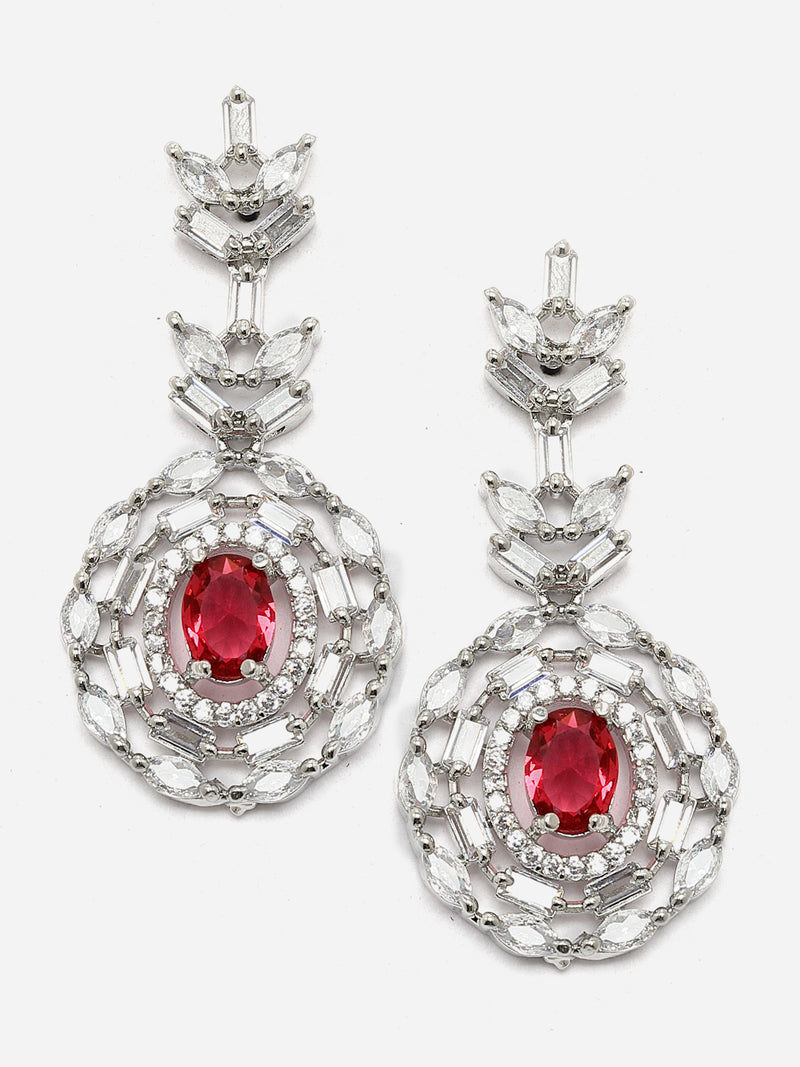 Rhodium-Plated Silver Tone Square Red American Diamond Studded Necklace Earring Jewellery Set