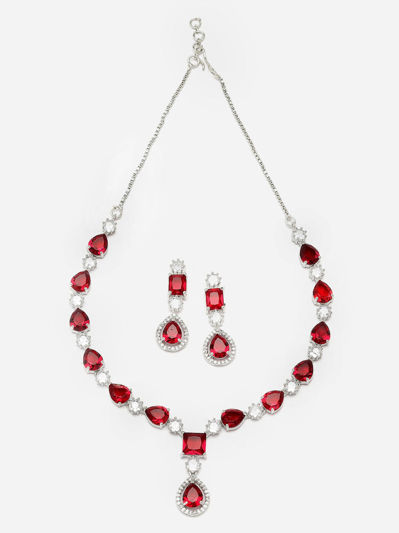 Rhodium-Plated Red American Diamond Studded Fashionable Necklace & Earrings Jewellery Set