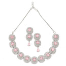Rhodium-Plated Pink Cubic Zirconia Studded Necklace with Earrings Jewellery Set
