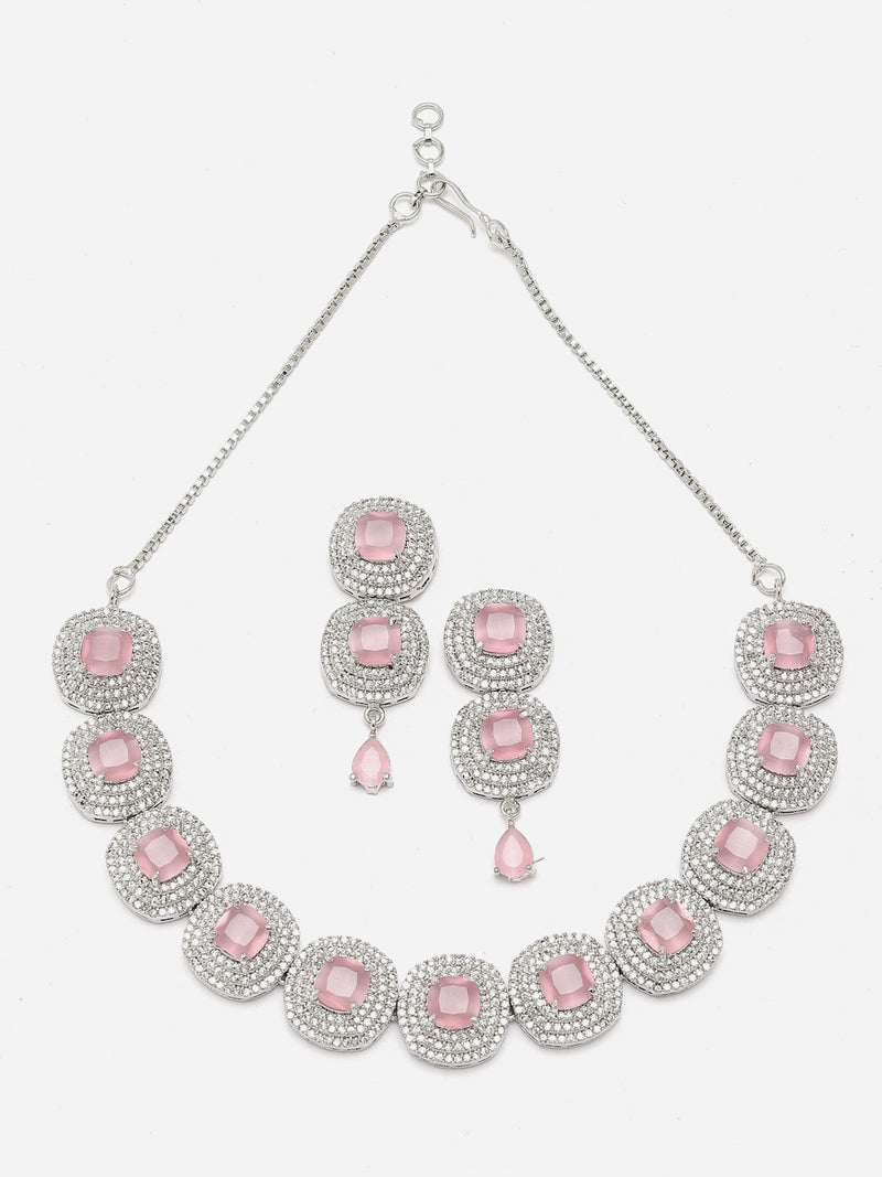 Rhodium-Plated Pink Cubic Zirconia Studded Necklace with Earrings Jewellery Set