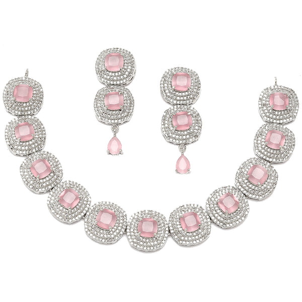 Rhodium-Plated Pink Cubic Zirconia Studded Necklace with Earrings Jewellery Set
