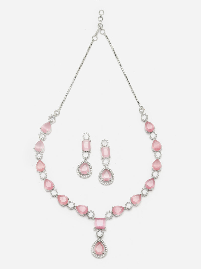 Rhodium-Plated Pink American Diamond Studded Fashionable Necklace & Earrings Jewellery Set