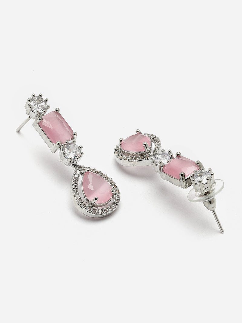 Rhodium-Plated Pink American Diamond Studded Fashionable Necklace & Earrings Jewellery Set