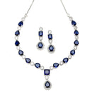 Rhodium-Plated Navy Blue American Diamond Studded Fashionable Necklace & Earrings Jewellery Set