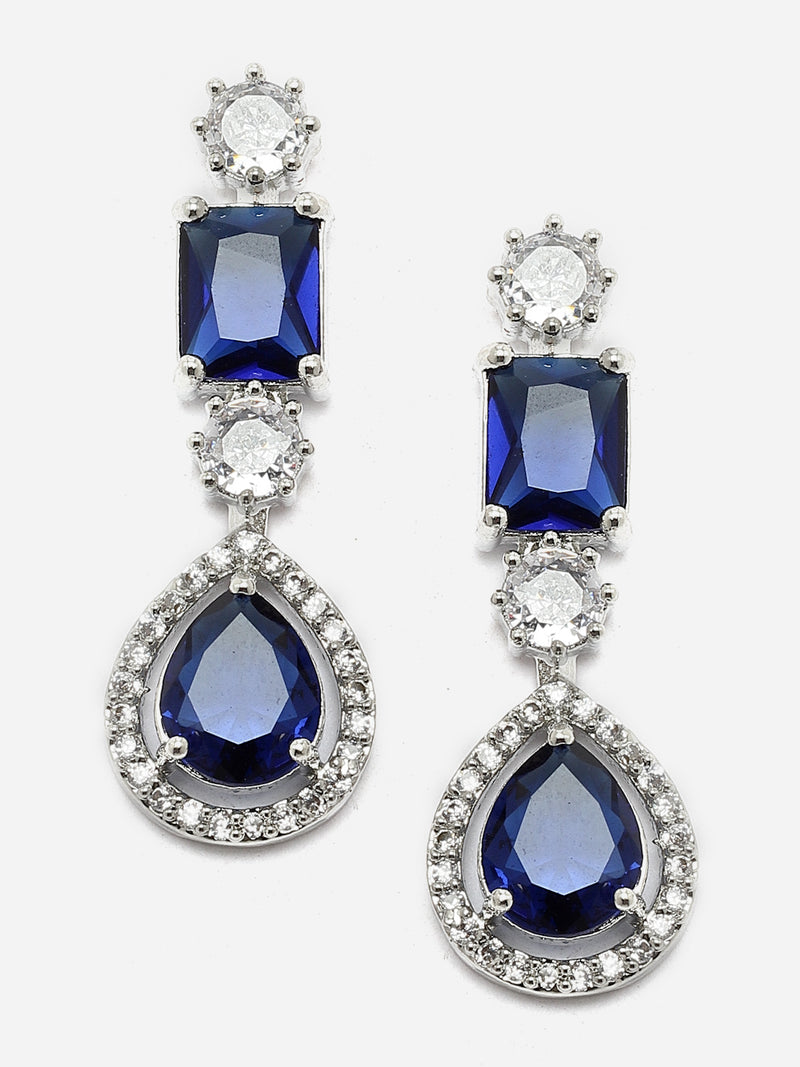 Rhodium-Plated Navy Blue American Diamond Studded Fashionable Necklace & Earrings Jewellery Set