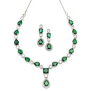 Rhodium-Plated Green American Diamond Studded Fashionable Necklace & Earrings Jewellery Set