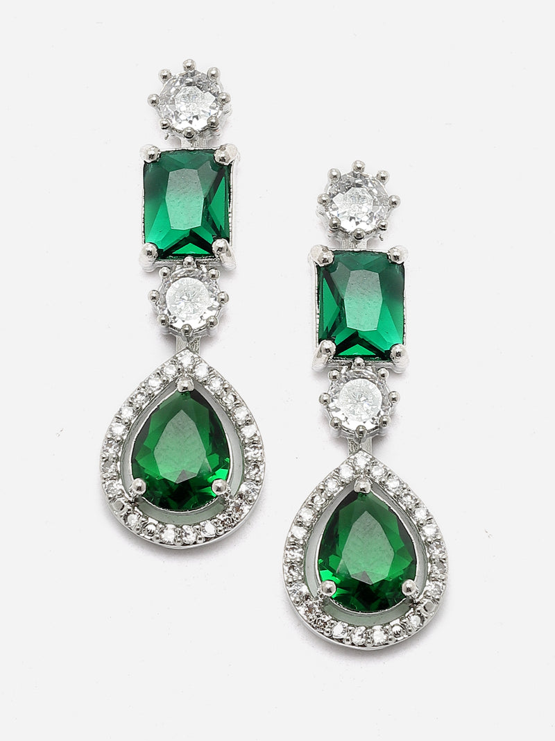 Rhodium-Plated Green American Diamond Studded Fashionable Necklace & Earrings Jewellery Set