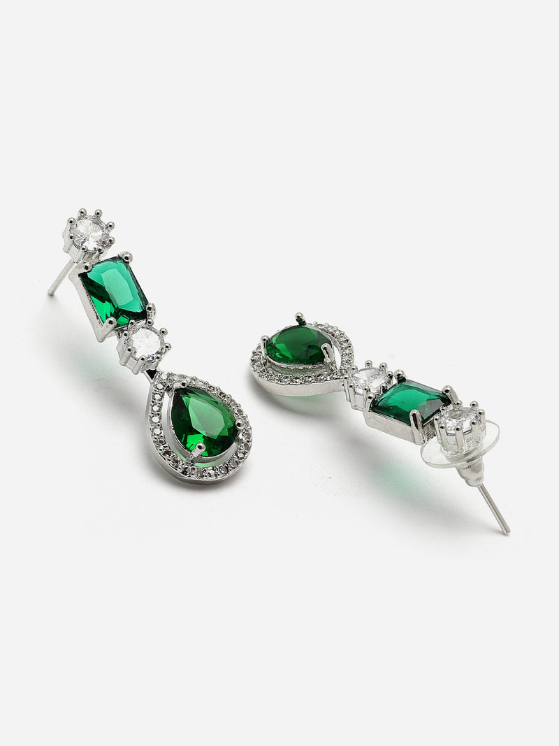 Rhodium-Plated Green American Diamond Studded Fashionable Necklace & Earrings Jewellery Set