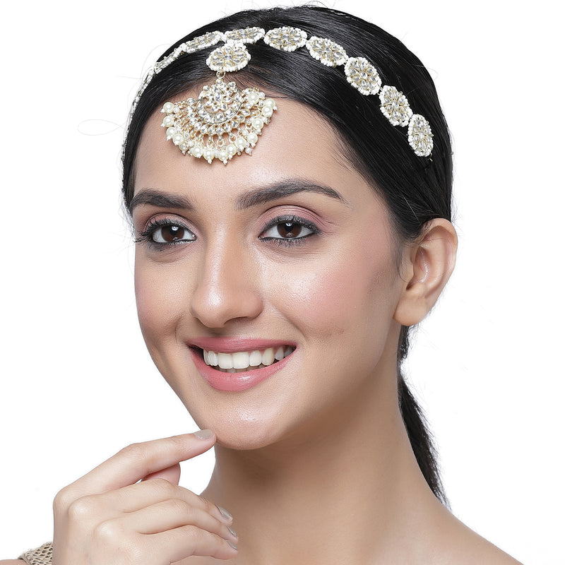 Gold-Plated White Kundan studded Crescent Shaped Sheeshphool