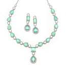 Rhodium-Plated Sea Green American Diamond Studded Fashionable Necklace & Earrings Jewellery Set