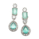 Rhodium-Plated Sea Green American Diamond Studded Fashionable Necklace & Earrings Jewellery Set