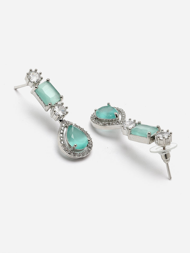 Rhodium-Plated Sea Green American Diamond Studded Fashionable Necklace & Earrings Jewellery Set