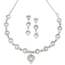 Rhodium-Plated Sea Green American Diamond Studded Heart Design Necklace & Earrings Jewellery Set