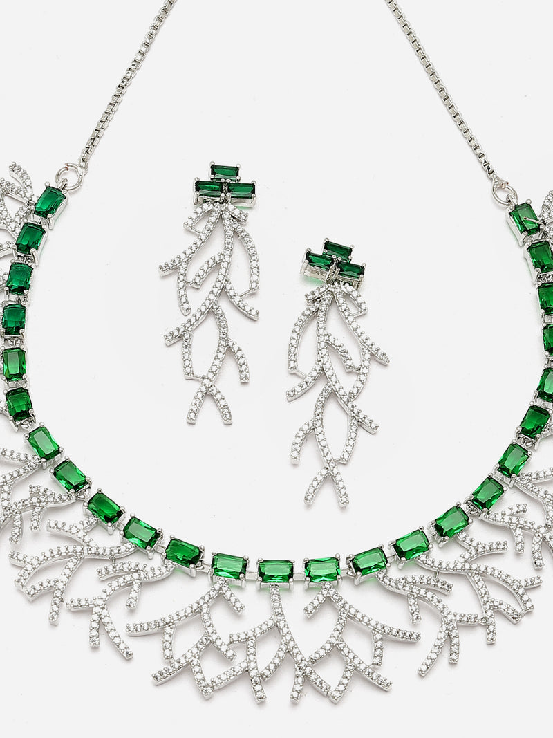 Rhodium-Plated Green American Diamond Studded Eccentric Design Necklace & Earrings Jewellery Set