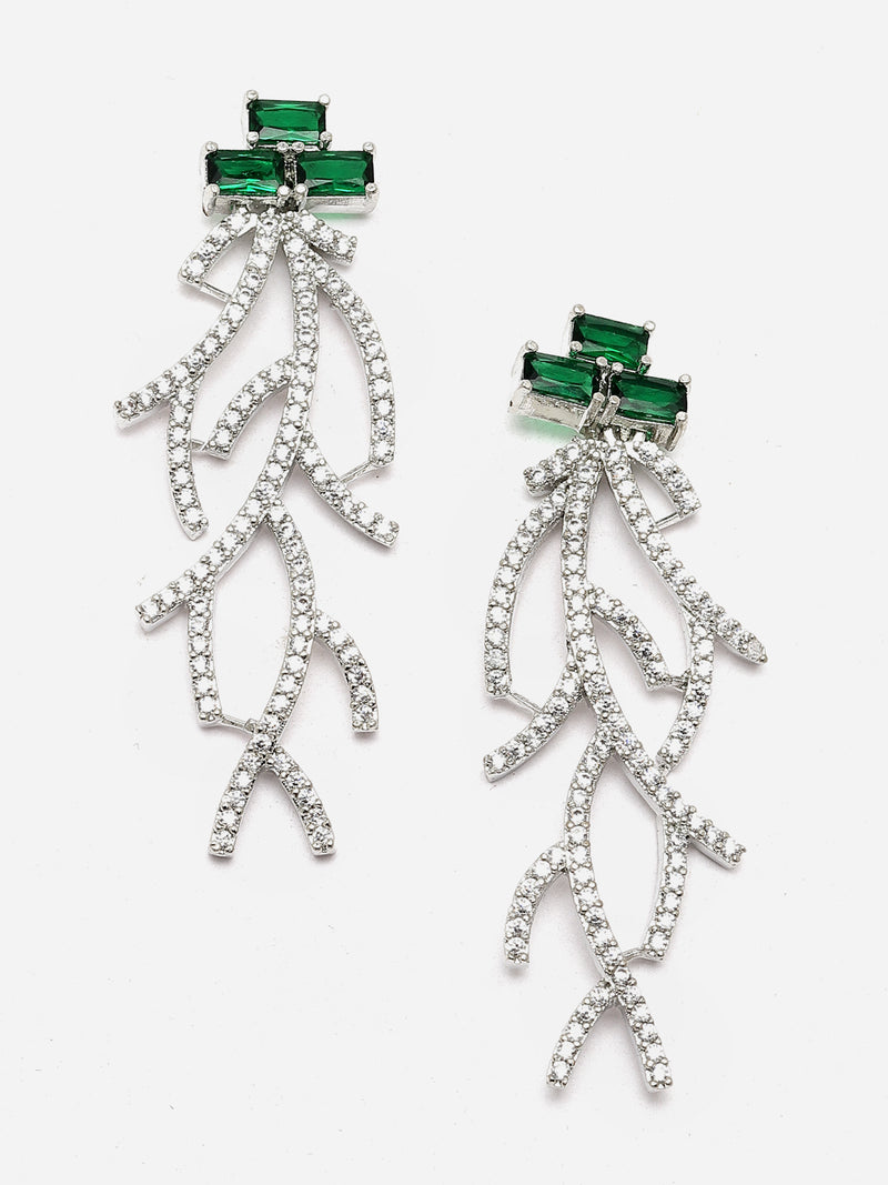 Rhodium-Plated Green American Diamond Studded Eccentric Design Necklace & Earrings Jewellery Set
