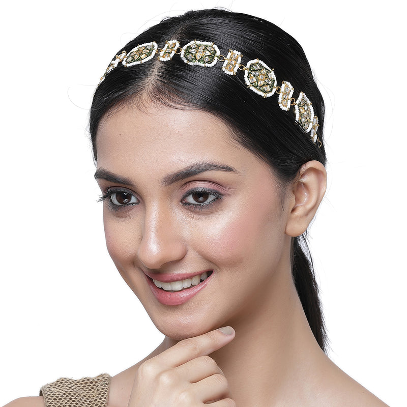 Gold-Plated Green Kundan Studded Hexagonal MathaPatti